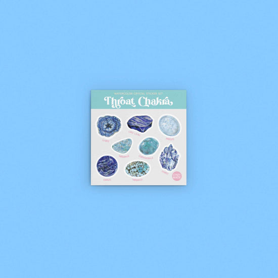 watercolor crystal sticker set for the throat chakra on blue background