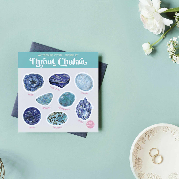 Throat Chakra Crystal Sticker Set on a blue background