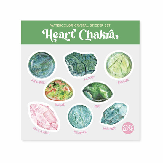 the watercolor crystal sticker set for the heart chakra