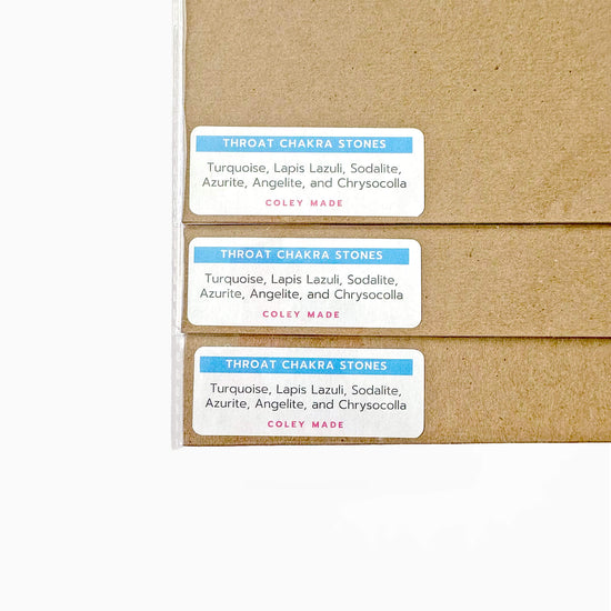 labels on the back of the throat Chakra Watercolor Crystal Art Print listing the stones shown