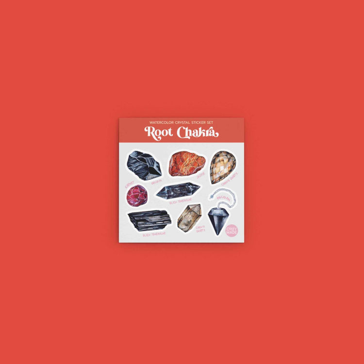 the watercolor crystal sticker set for the heart chakra on a red background