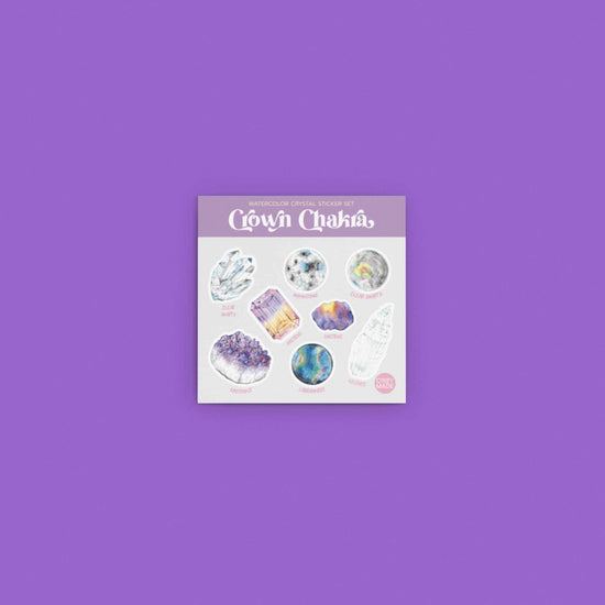 the watercolor crystal sticker set for the crown chakra on purple background