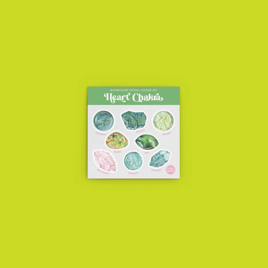 the watercolor crystal sticker set for the heart chakra on green background