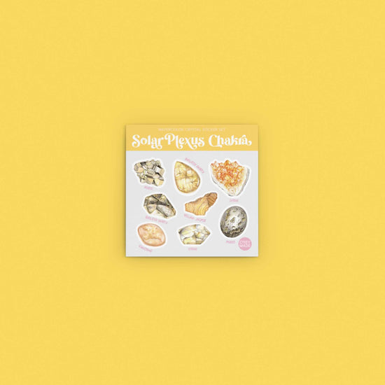 watercolor crystal sticker set for the solar plexus chakra on yellow background