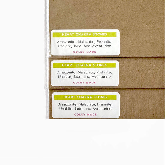 labels on the back of the heart Chakra Watercolor Crystal Art Print listing the stones shown