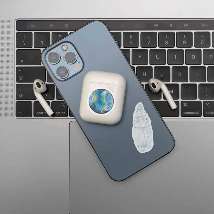 a phone case with selenite and labradorite stickers from the watercolor crystal sticker set for the crown chakra
