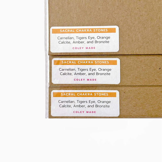 labels on the back of the sacral Chakra Watercolor Crystal Art Print listing the stones shown