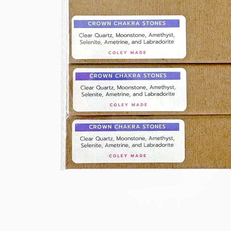 labels on the back of the Crown Chakra Watercolor Crystal Art Print listing the stones shown