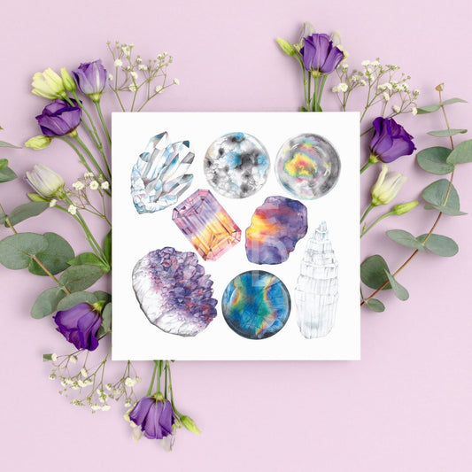 Crown Chakra Watercolor Crystal Art Print on styled background with flowers