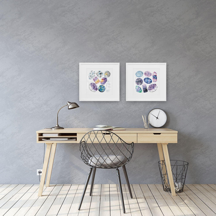 a desk with a chair and a clock on it with Crown Chakra Watercolor Crystal Art Print hanging on wall behind it