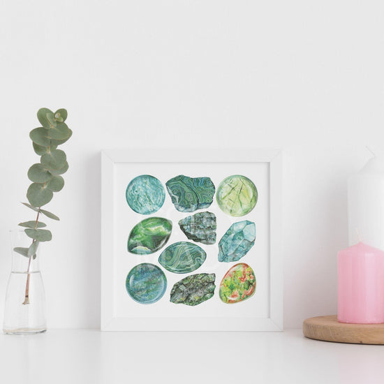 a white shelf with a vase and a Heart Chakra Watercolor Crystal Art Print on it
