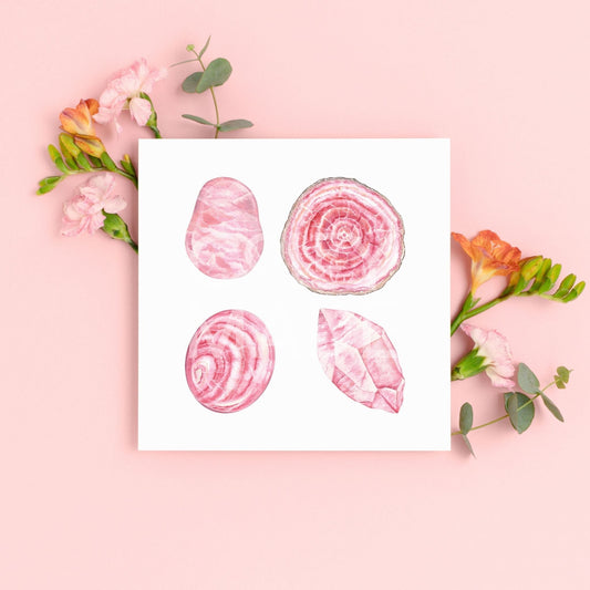 Love Stoned Watercolor Crystal Art Print on styled background with flowers