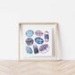 a white wall with a wooden frame holding  a picture of the third eye Chakra Watercolor Crystal Art Print
