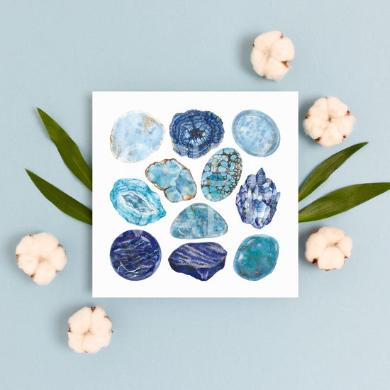Throat Chakra Watercolor Crystal Art Print on styled background with flowers
