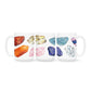 a white coffee mug with a picture watercolor crystals representing the 7 chakras